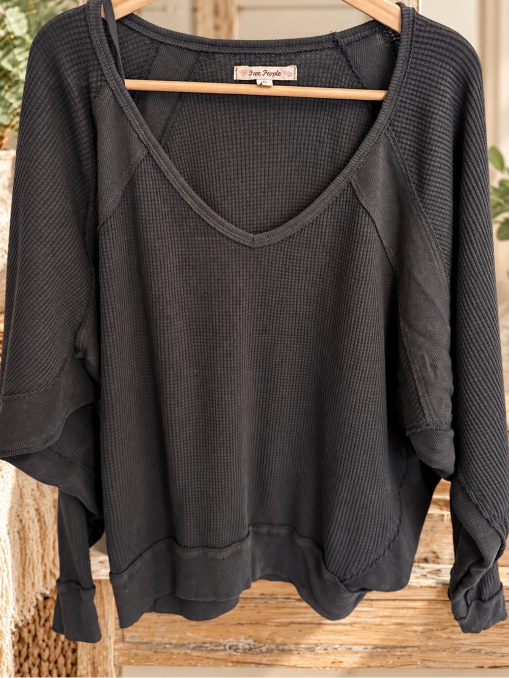 Free People Slate Blue Waffle Knit Pullover